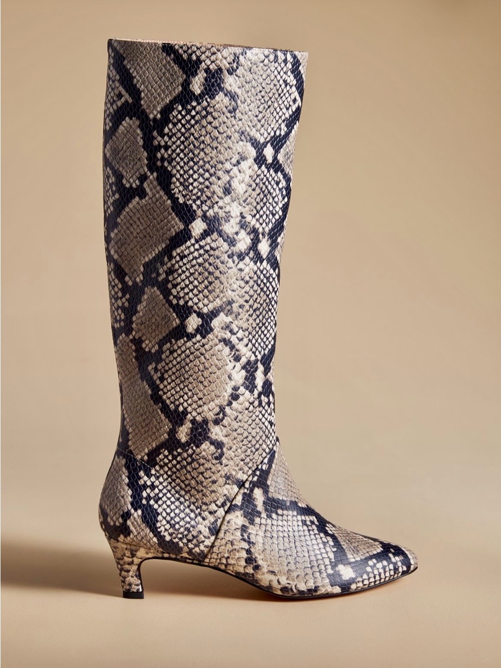 Snake-Print Knee Boot from Anthro in Beige & Dark Blue- Womens size 39 (8-8.5)